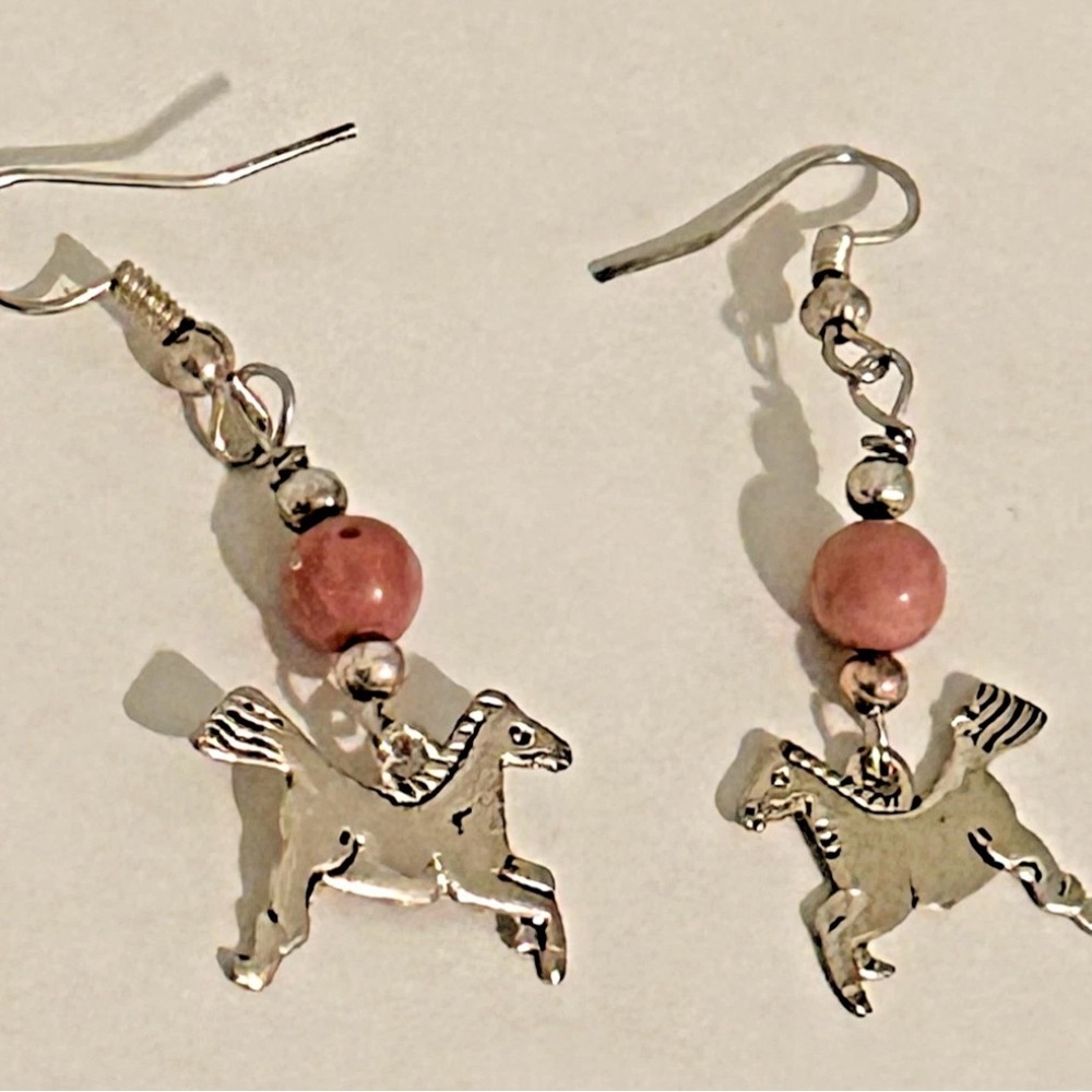 Charming Silver Horse Dangle Earrings with Pink Beads Fish Hooks 1 1/2”
